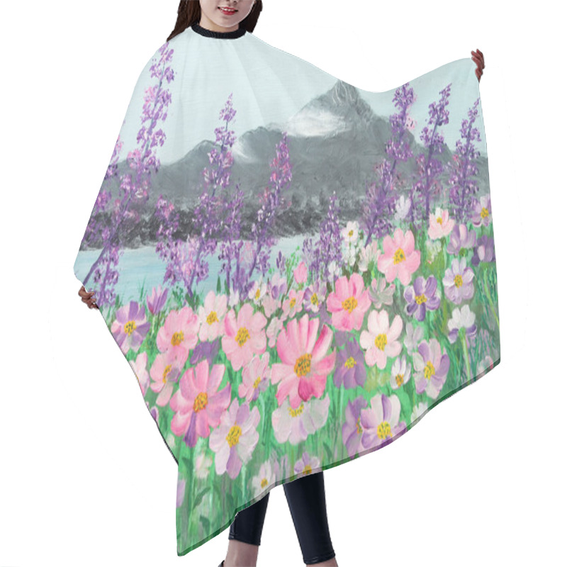 Personality  Oil Painting Of Field Of Pink And Purple Cosmos Daisies By Mountain Lake Hair Cutting Cape