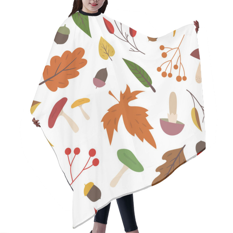 Personality  Colorful Fall Seamless Pattern. Oak, Maple, Birch Leaves, Mushrooms, Rowan, Acorns. Orange, Yellow, Green, Red Colors. Falling Autumn Leaves. Vector Illustration Isolated On White. Flat Design. Hair Cutting Cape