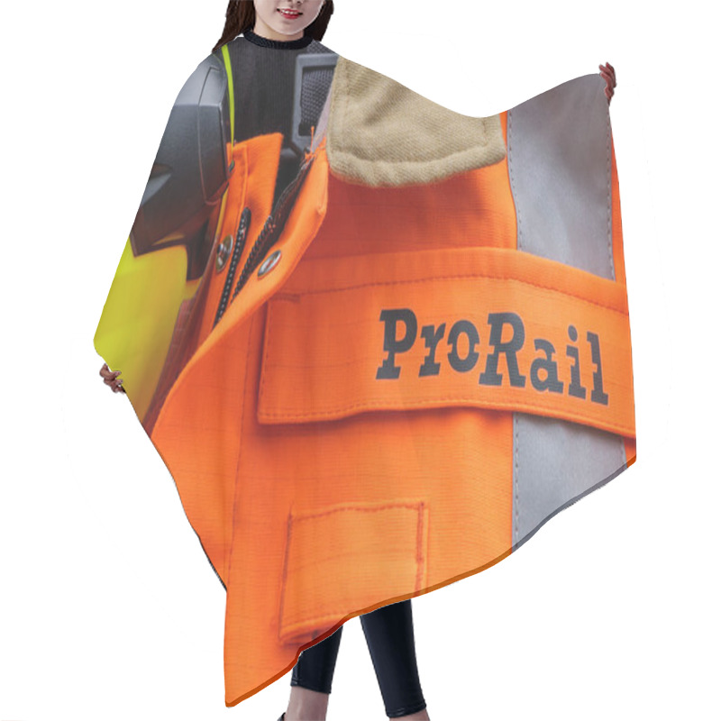 Personality  Velp, The Netherlands - June 1, 2024: Safety Jacket Of ProRail, A Dutch Organization Responsible For The Railway Network Of The Netherlands In Velp, The Netherlands Hair Cutting Cape