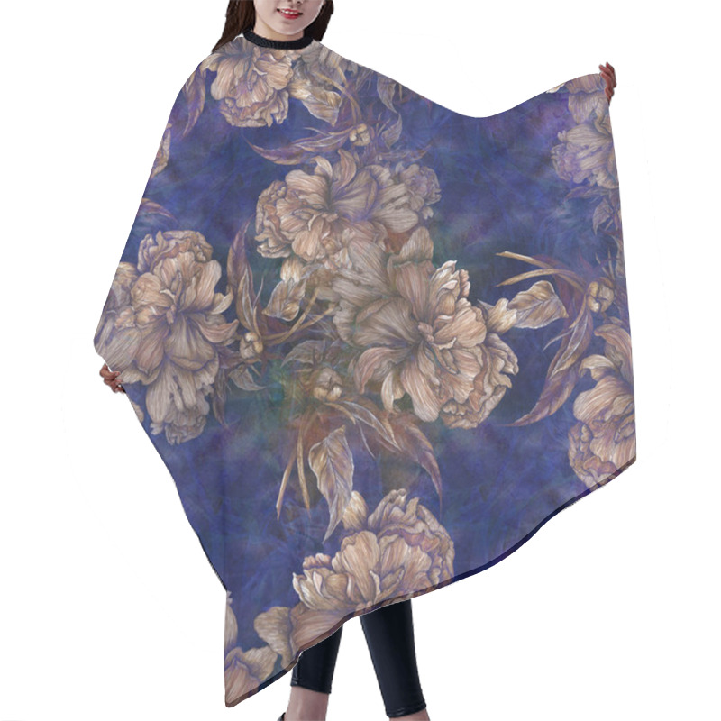 Personality  Flowers And Buds Peony. Collage Of Flowers, Leaves And Buds On A Watercolor Background. Decorative Composition. Floral Pattern. Seamless Pattern.  Hair Cutting Cape