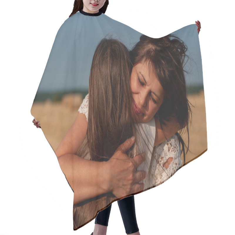 Personality  Lovely Fifty-year-old Woman Hugs Her Long-haired Daughter Tightly Against A Wheat Field And Blue Sky Hair Cutting Cape