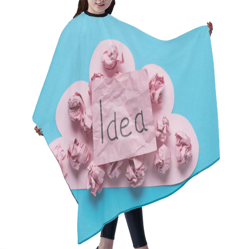 Personality  Top View Of Pink Cardboard Cloud With Crumpled Paper Balls And 'idea' Word Written On Sticky Note On Blue Background, Ideas Concept Hair Cutting Cape