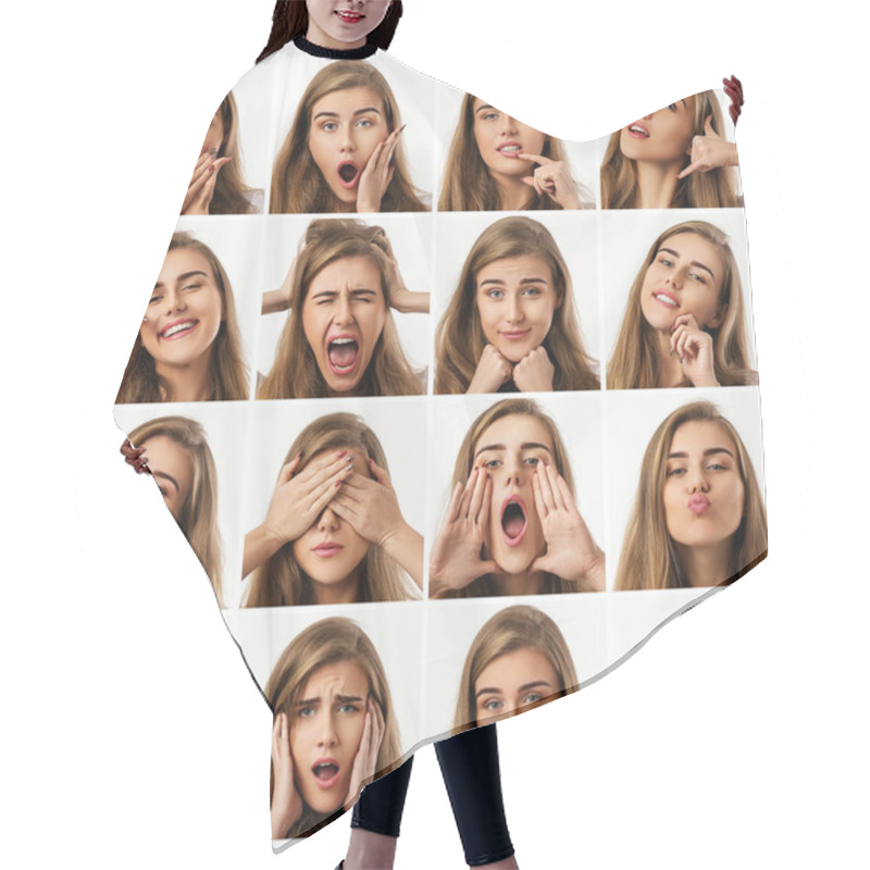 Personality  Collage Of Portraits Of Woman With Different Emotions Hair Cutting Cape