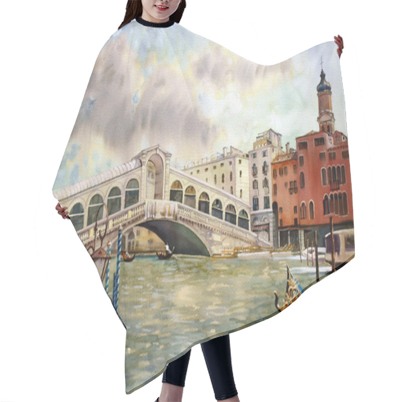 Personality  A View Of The Canal With Rialto Bridge, Boats And Buildings In Venice, Painted By Watercolor Hair Cutting Cape