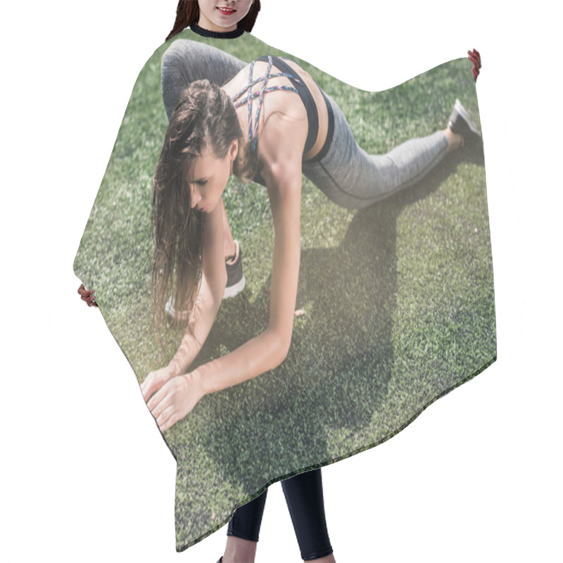 Personality  Woman Stretching On Sports Field Hair Cutting Cape