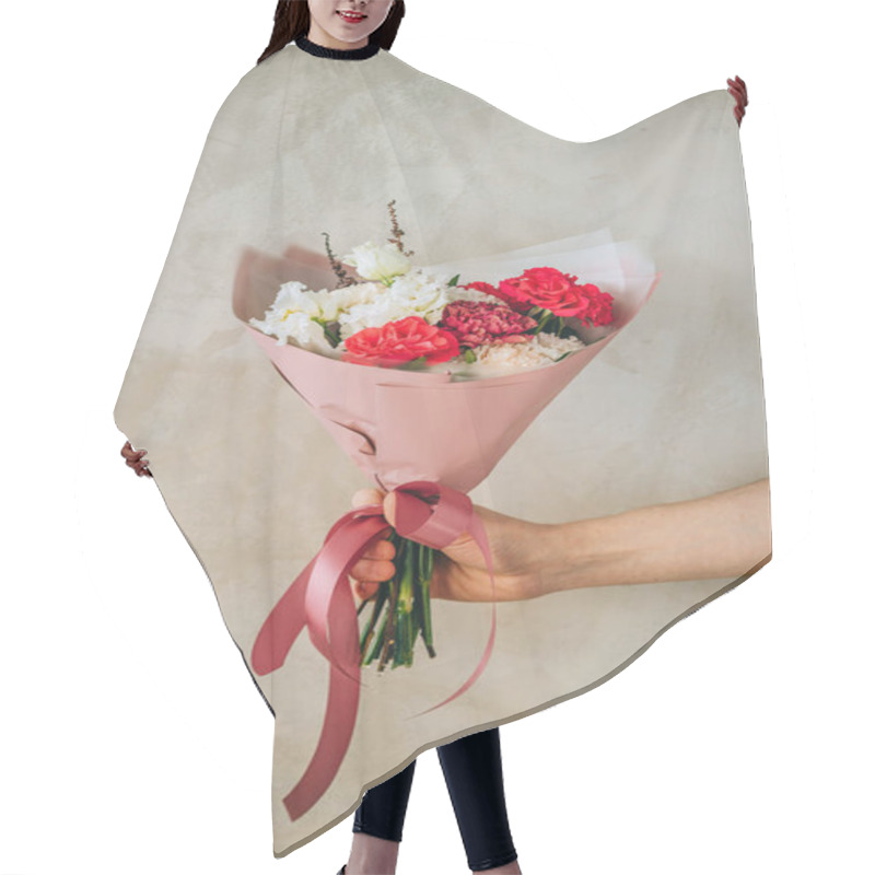 Personality  Bright Summer Bouquet Of Red Roses, Burgundy And White Carnations, White Eustomas In Pink Packaging. Summer Background Hair Cutting Cape