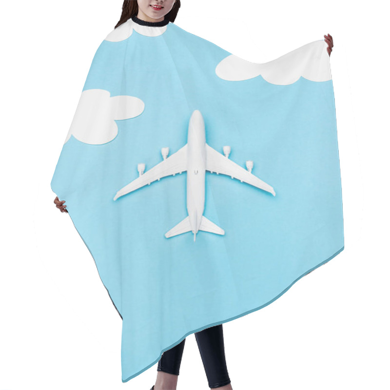 Personality  Top View Of White Plane Model On Blue Background With White Clouds Hair Cutting Cape