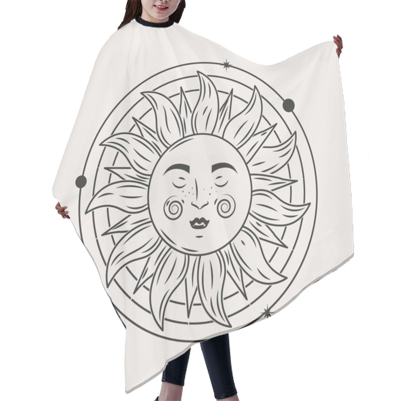 Personality  Mystical Esoteric Sun. Poster Or Banner For Website, Graphic Element For Printing On Clothes. Symbol Of Day, Galaxy And Solar System. Witchcraft, Sorcery And Magic. Cartoon Flat Vector Illustration Hair Cutting Cape