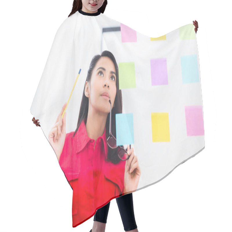 Personality  Portrait Of Young Asian Employee Looking At Multiple Reminders  Hair Cutting Cape