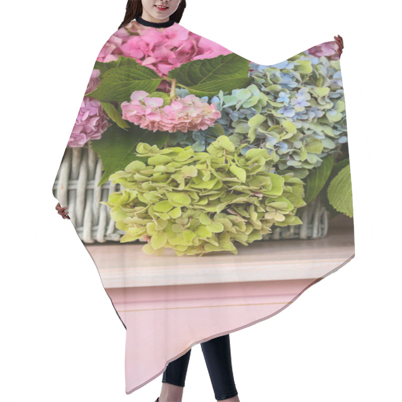 Personality  Hydrangea Bouquet On The Table ,selective Focus Hair Cutting Cape