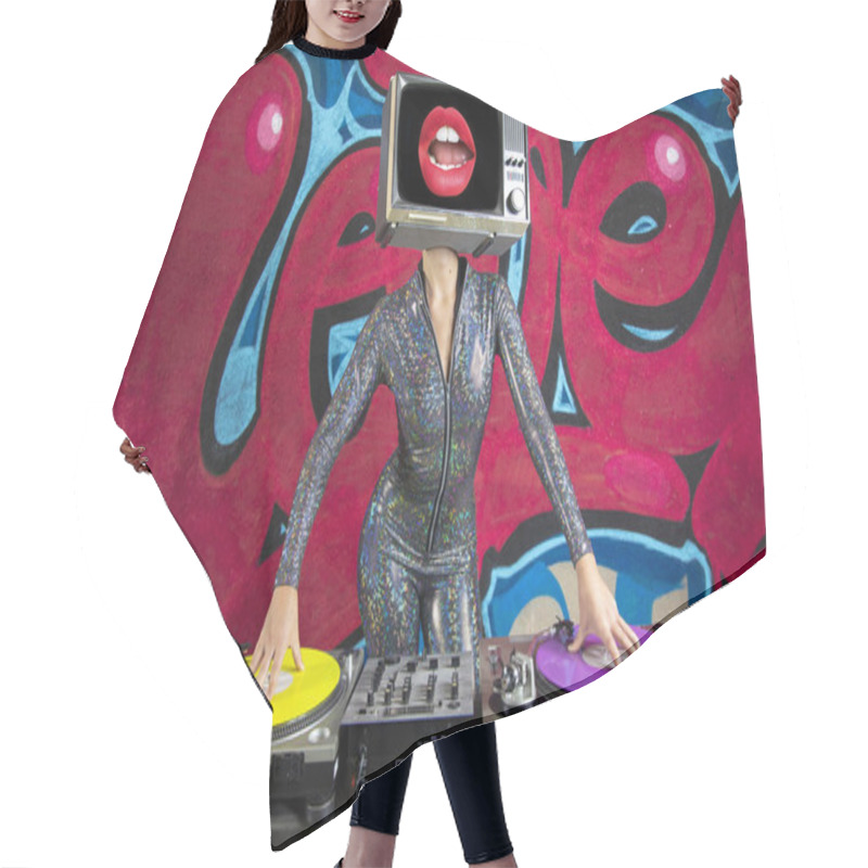 Personality  Tv Head Woman Djing In Front Of The Word Love Graffiti Painted On A Wall Hair Cutting Cape