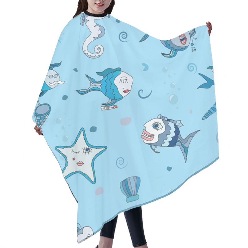 Personality  Seamless Texture With Abstract Fish And Sea World. Fish Sing And Smile Hair Cutting Cape