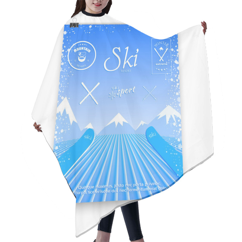 Personality  A Poster With A Picture Of A Skier Who Descends From The Mountain Top. Vector Illustration Of A Ski Resort. Hair Cutting Cape