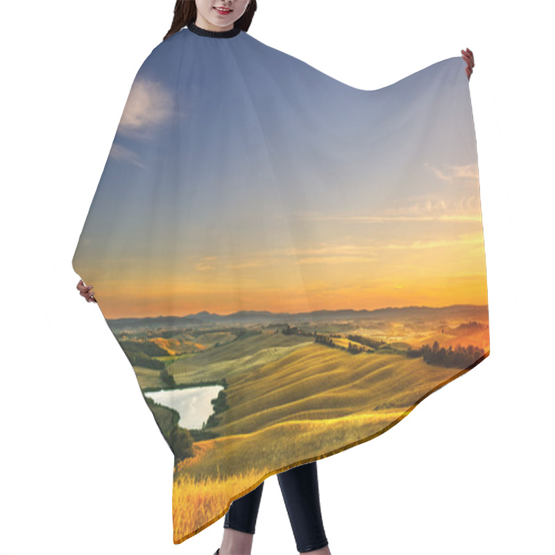 Personality  Tuscany, Rural Landscape On Sunset, Italy. Lake And Green Fields Hair Cutting Cape