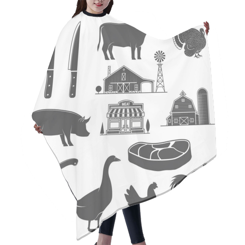 Personality  Farm Animals, Butsher Shop, Farm, Steak, Kitchen Knife Silhouettes Isolated On White. Vector. Rural Landscape With Trees, Farm, Butchery Shop Hair Cutting Cape