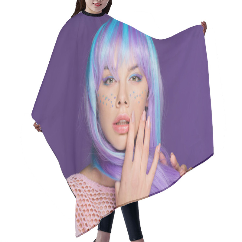 Personality  Beautiful Sensual Girl Posing In Violet Wig With Stars On Face, Isolated On Purple Hair Cutting Cape