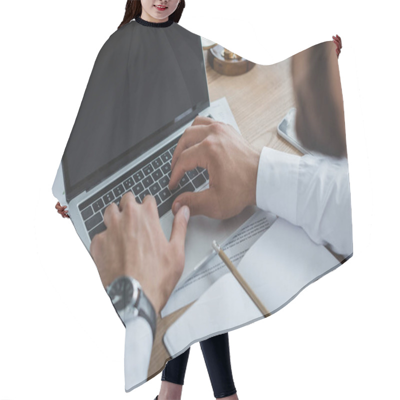 Personality  Cropped Image Of Business Adviser Working With Laptop At Table In Office Hair Cutting Cape