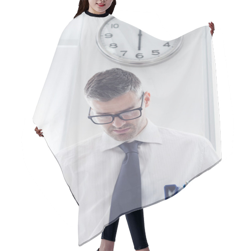 Personality  Frustrated Businessman Standing Under A Clock Hair Cutting Cape