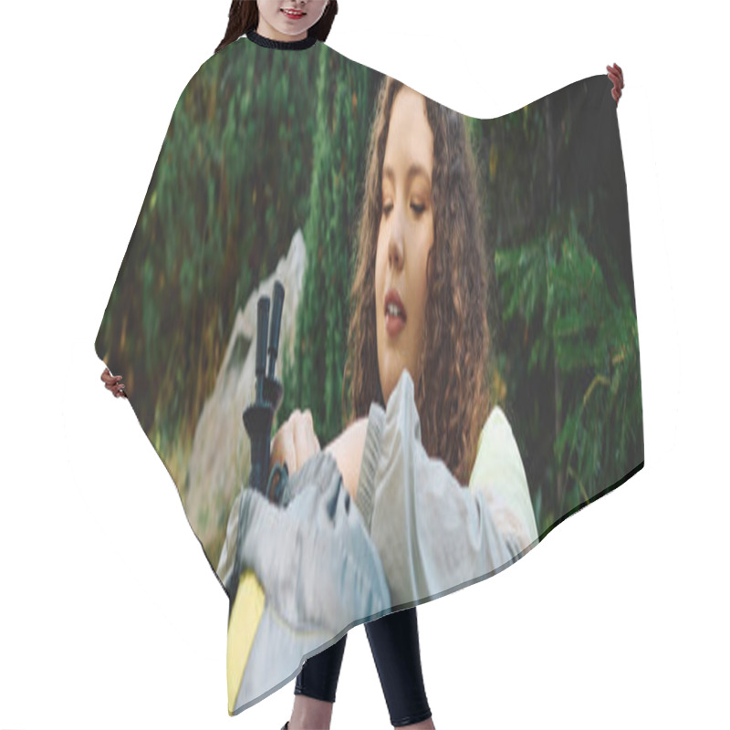 Personality  A Cheerful Woman Enjoys The Serene Beauty Of A Grassy Forest, Immersed In Natures Tranquility. Hair Cutting Cape