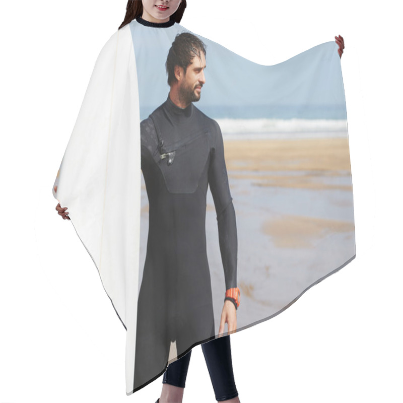 Personality  Portrait Of Hipster Guy With White Surfboard Standing On Ocean The Beach, Professional Surfer Man Dressed In Wetsuit Ready To Surfing On Big Waves, Happy Surfer Holding His Board At Sunny Summer Day Hair Cutting Cape