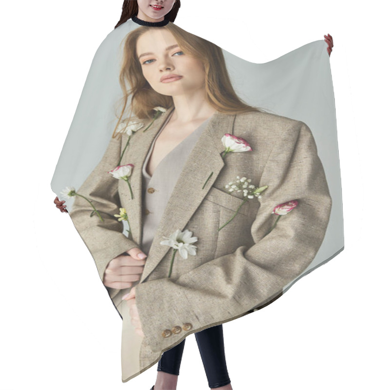 Personality  A Young Woman Elegantly Poses With Flowers In Her Stylish Outfit. Hair Cutting Cape