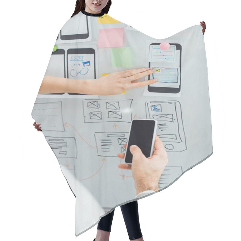 Personality  Cropped View Of Ux Designers Using Smartphone And Sketches Of App Interface On Whiteboard In Office  Hair Cutting Cape