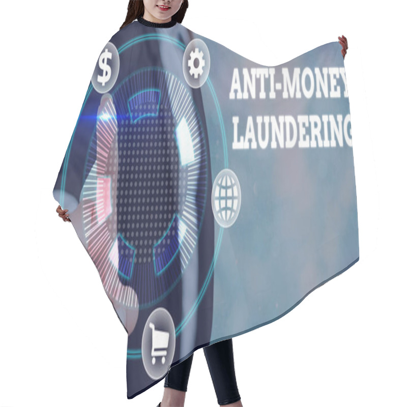 Personality  Writing Note Showing Anti Money Laundering. Business Photo Showcasing Regulations Stop Generating Income Through Illegal Actions. Hair Cutting Cape