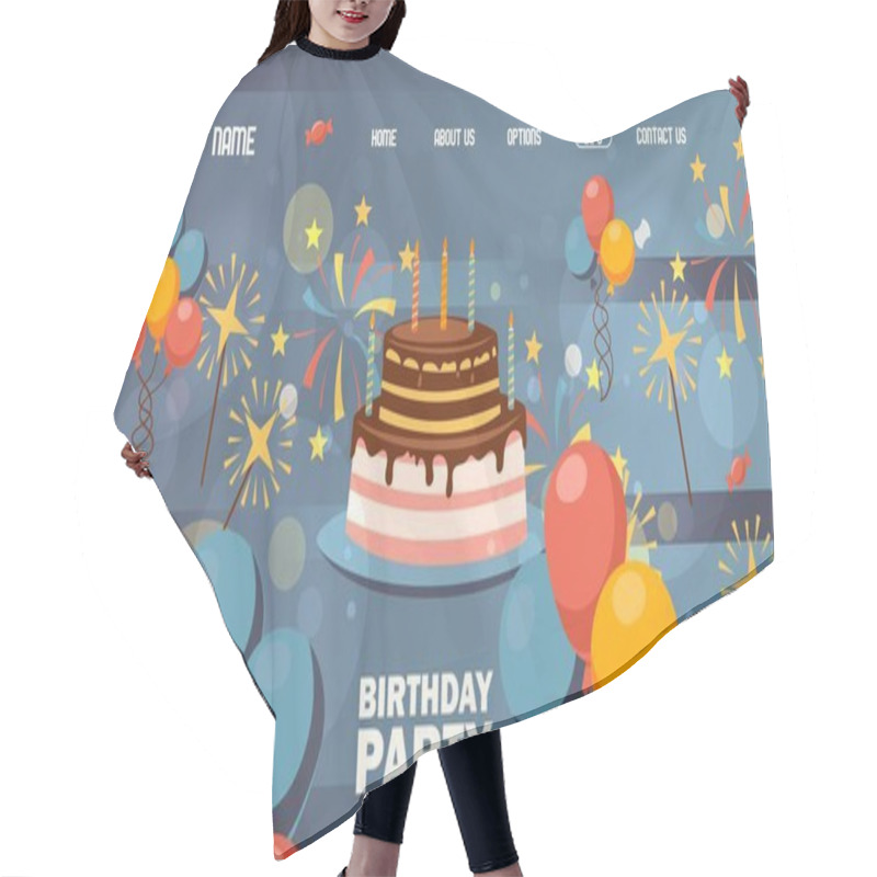 Personality  Happy Birthday Website Page Design, Vector Illustration. Background For Landing Page Template, Decorated With Birthday Cake, Balloons And Fireworks Hair Cutting Cape