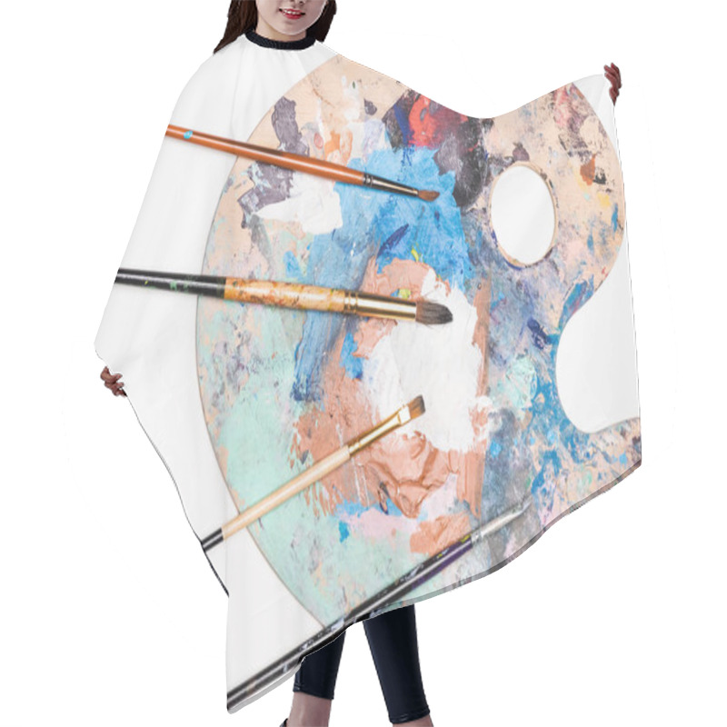 Personality  Top View Of Palette With Paints And Paintbrushes Isolated On White Hair Cutting Cape