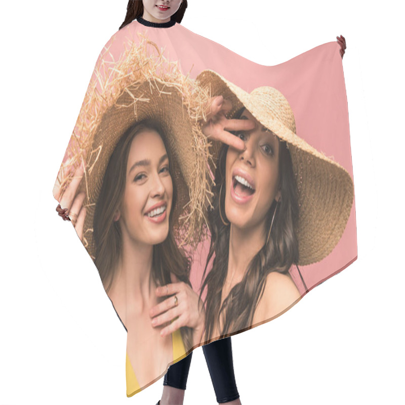 Personality  Two Smiling Girls In Straw Hats Taking Selfie Isolated On Pink Hair Cutting Cape