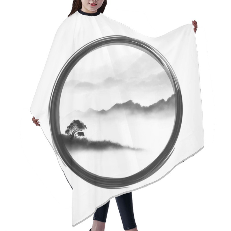 Personality  Chinese Landscape With Little House Under The Big Tree In Enso Zen Circle. Traditional Oriental Ink Painting Sumi-e, U-sin, Go-hua. Hieroglyphs - Eternity, Freedom, Happiness Hair Cutting Cape