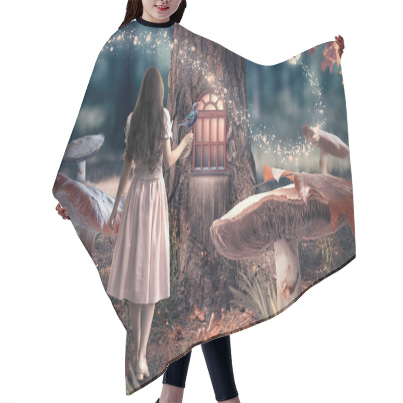 Personality  Girl In Dress With Bird In Hand In Fantasy Enchanted Fairy Tale Forest With Giant Mushrooms, Magical Shining Window In Pine Tree Hollow And Flying Magic Butterfly Leaving Path With Luminous Sparkles Hair Cutting Cape