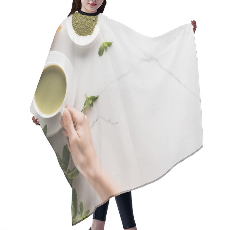 Personality  Top View Of Woman Holding Matcha Matcha Tea On Table With Whisk, Powder And Mint  Hair Cutting Cape