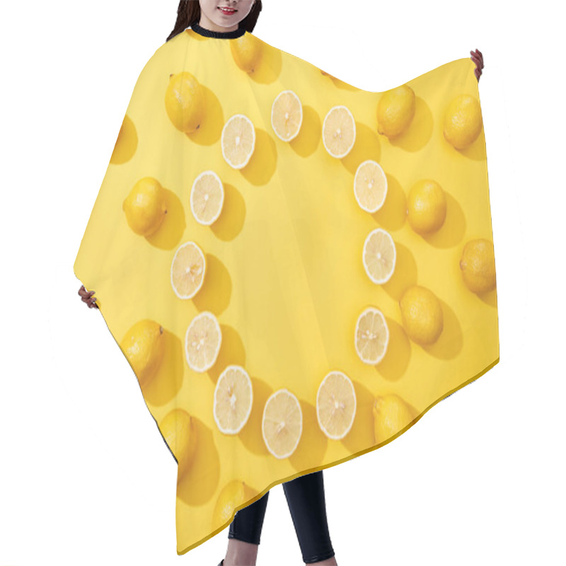 Personality  Top View Of Ripe Cut And Whole Lemons Arranged In Round Frame On Yellow Background With Copy Space Hair Cutting Cape