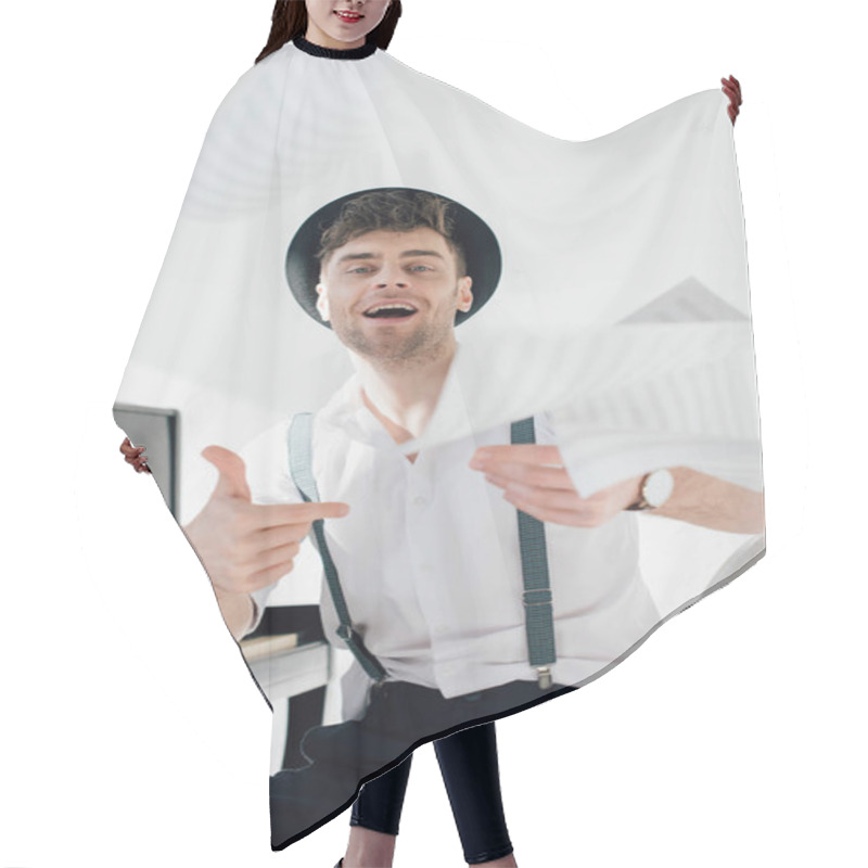 Personality  Happy Musician In Black Hat And White Shirt Throwing Music Book Sheets  Hair Cutting Cape