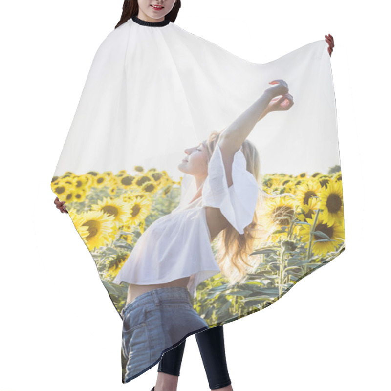 Personality  Young Woman Dancing In Sunflower Field Hair Cutting Cape