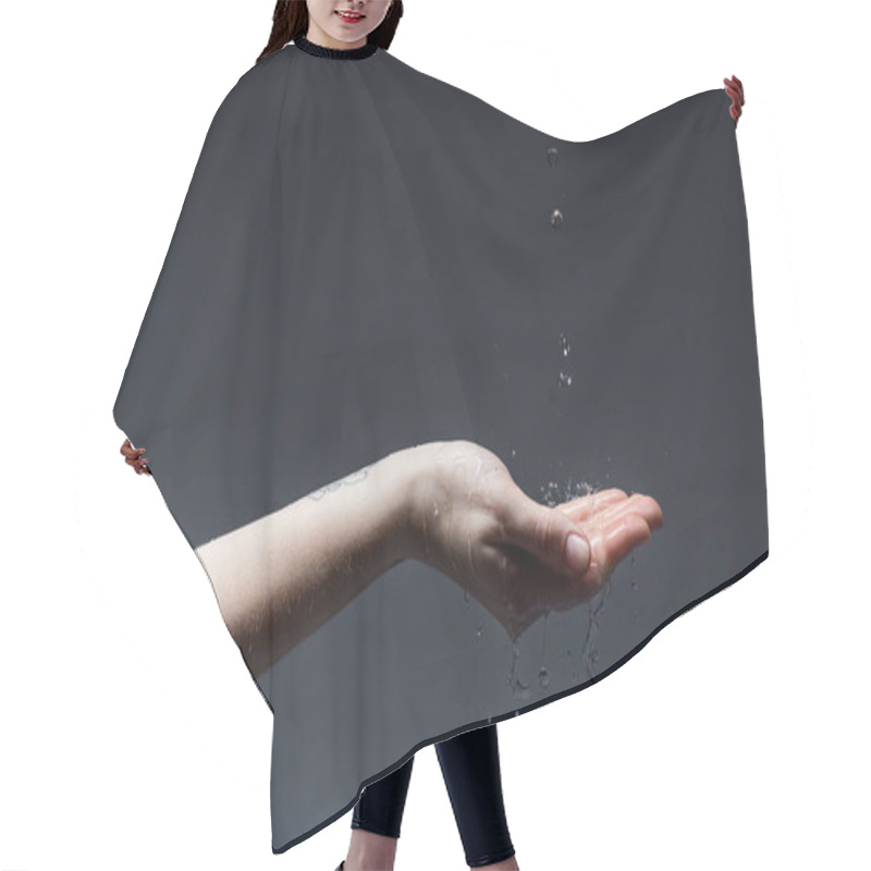 Personality  Cropped View Of Woman With Water Drops On Dark Hair Cutting Cape