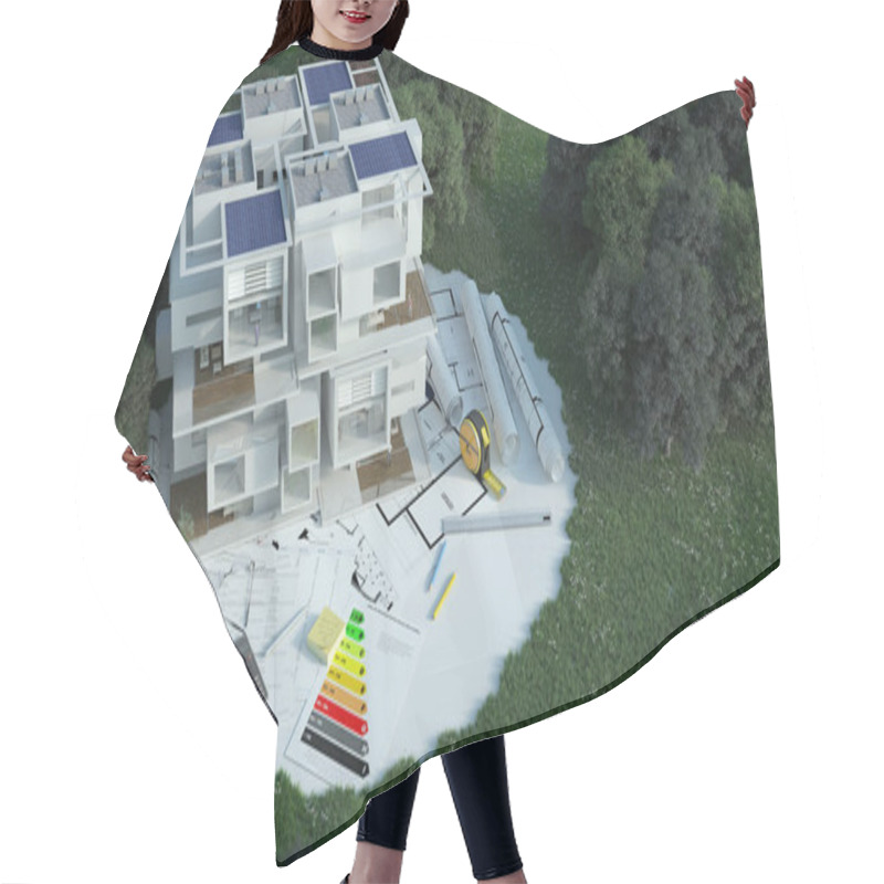 Personality  3D Rendering  Of A House With Blueprints, Energy Charts And Other Documents In A Field Hair Cutting Cape