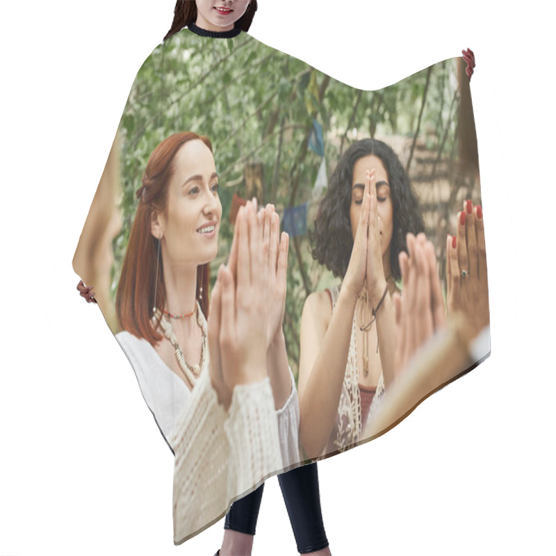 Personality  Smiling Redhead Woman Meditating With Multiethnic Friends Outdoors In Retreat Center Hair Cutting Cape