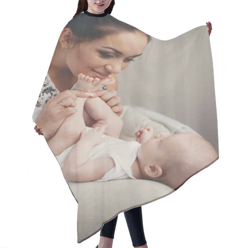 Personality  Portrait Of Happy Mother And Child In The Home Environment Hair Cutting Cape