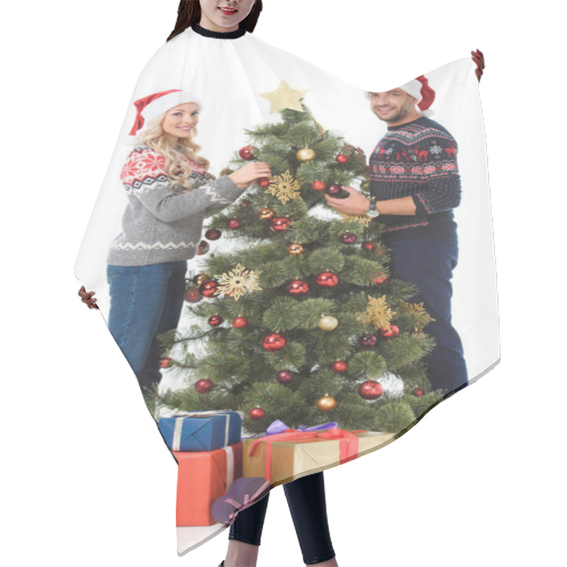 Personality  Beautiful Couple Decorating Christmas Tree With Gift Boxes, Isolated On White Hair Cutting Cape