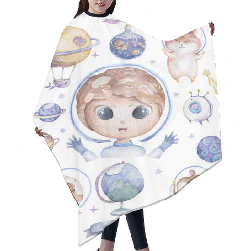 Personality  Cute Smiling Boy Brown Hair Flowers In Head Take Blue Planet In Hands Set Of Satellites, Planet And Funny Hamster Watercolor Set With Space Objects Isolated On White Cartoon Illustration For Children Hair Cutting Cape