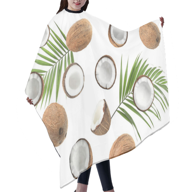 Personality  Set With Ripe Coconuts And Palm Leaves On White Background, Top View Hair Cutting Cape