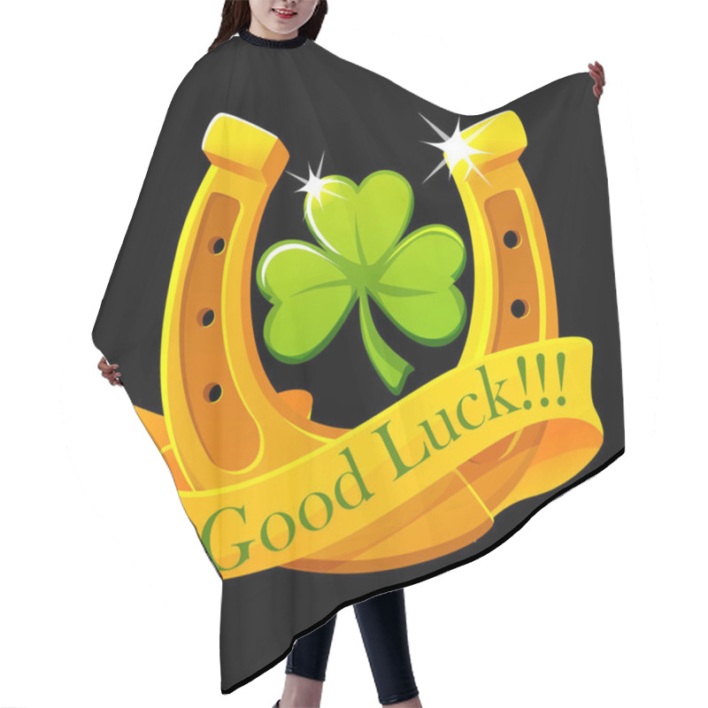 Personality  Green Clover, Golden Horseshoe And Ribbon. Good Luck Symbol. Hair Cutting Cape