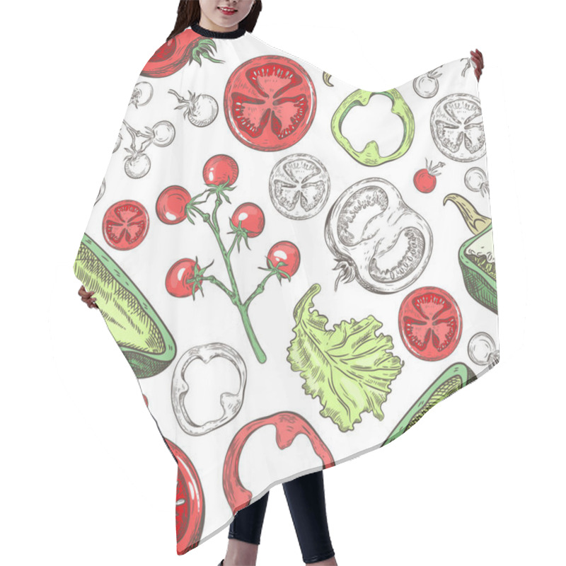 Personality  Seamless Pattern With Different Tomatoes And Paprika. Hair Cutting Cape