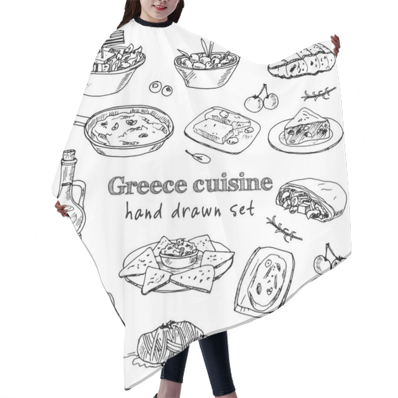 Personality  Greece Cuisine Vector Set With Food And Drink Hand Drawn Doodles. Hair Cutting Cape