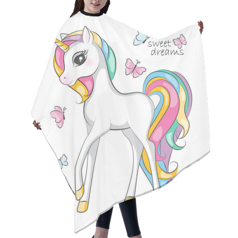 Personality  Beautiful Illustration Of Cute Little Smiling Unicorn  With Mane  Rainbow Colors  .Hand Drawn Picture For Your Design. Hair Cutting Cape