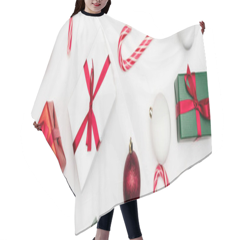 Personality  Website Header Of Gift Boxes, Christmas Balls And Candy Canes On White Background Hair Cutting Cape