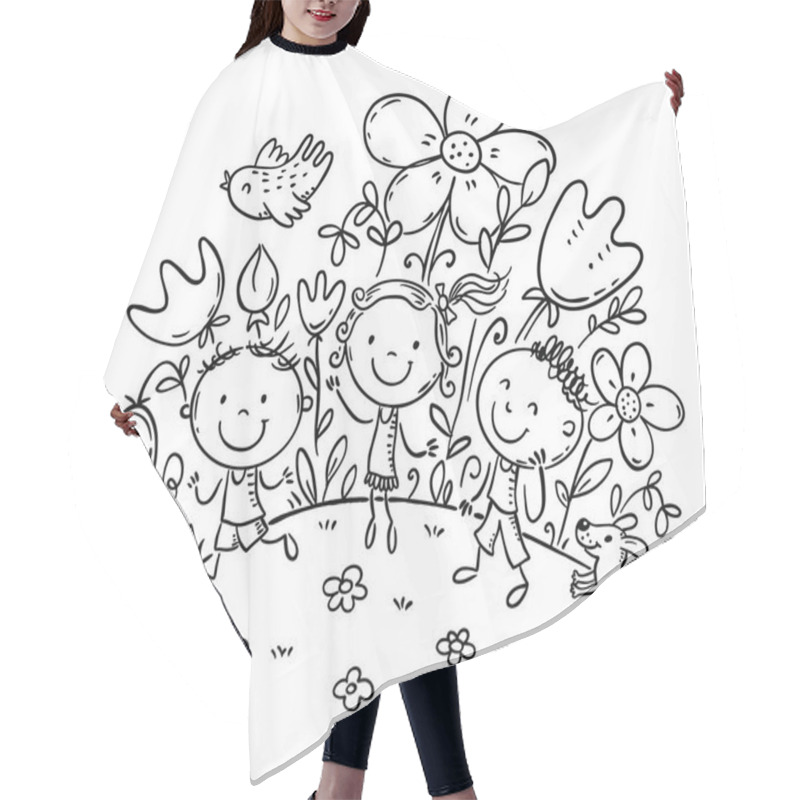 Personality  Hand Drawn Outline Vector Illustration Of Children On Flowering Hill Hair Cutting Cape