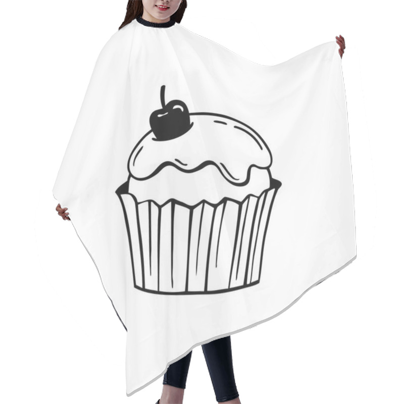 Personality  Cupcake With Frosting And Cherry. Black And White Vector Illustration. Hair Cutting Cape